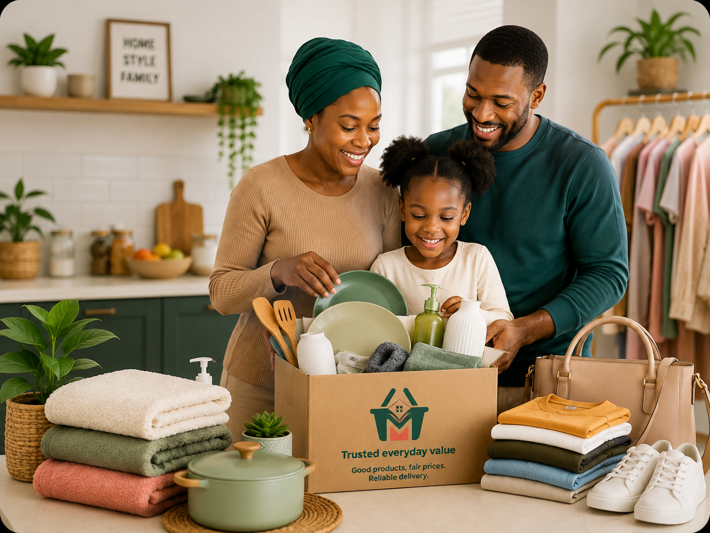 Family unpacking Mayah Mart household and fashion products